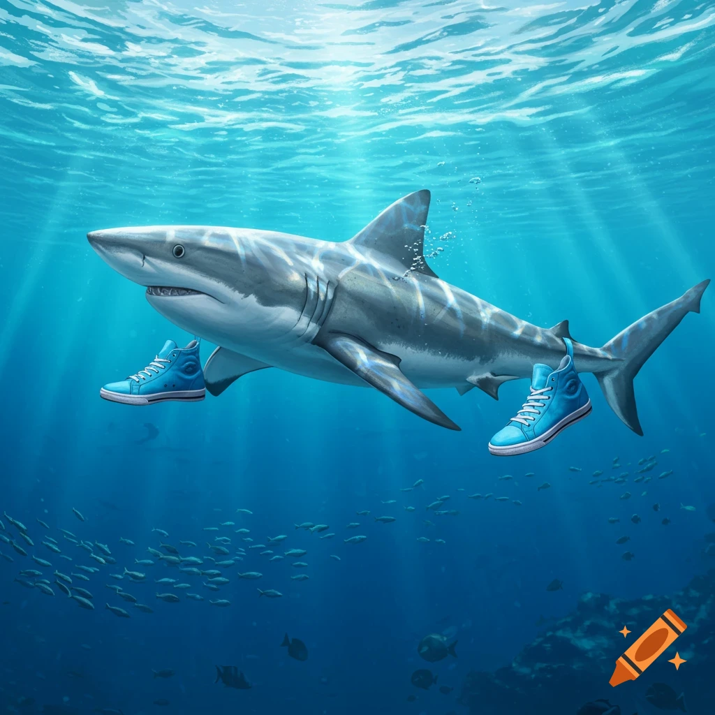 A great white shark swims underwater, wearing bright blue high-top sneakers on its pectoral fins. Sunlight beams through the clear blue water.