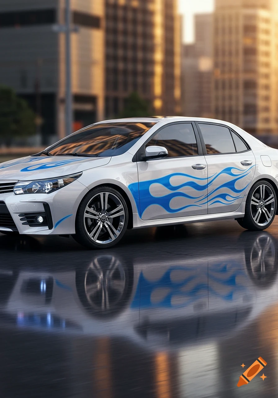 A white Toyota Corolla sedan with blue flame decals on its sides is parked on a reflective surface, with blurry city buildings in the golden hour background.