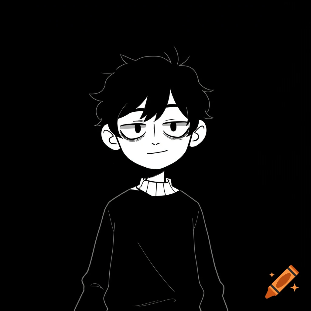 A black and white cartoon portrait of a boy with messy black hair and a black sweater against a black background.