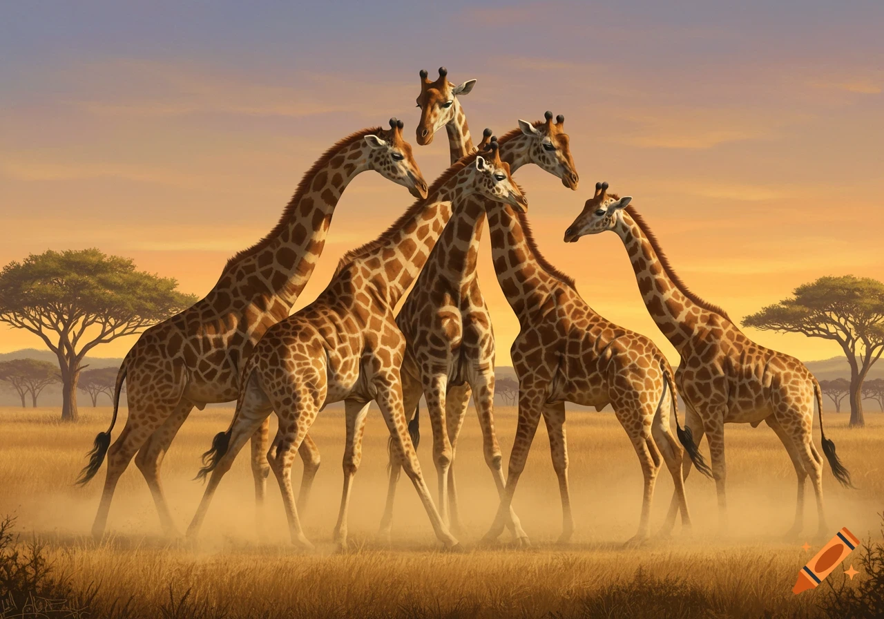 A group of giraffes stands together in a golden savanna at sunset, with acacia trees in the background.
