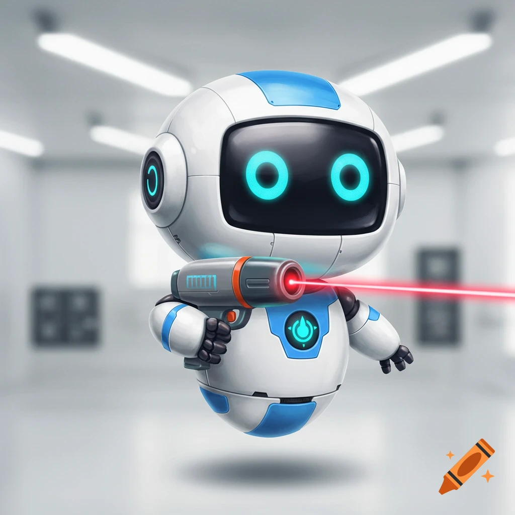 A cute, round white and blue robot mascot with glowing eyes floats, holding a laser gun with a red beam, in a cartoon style.