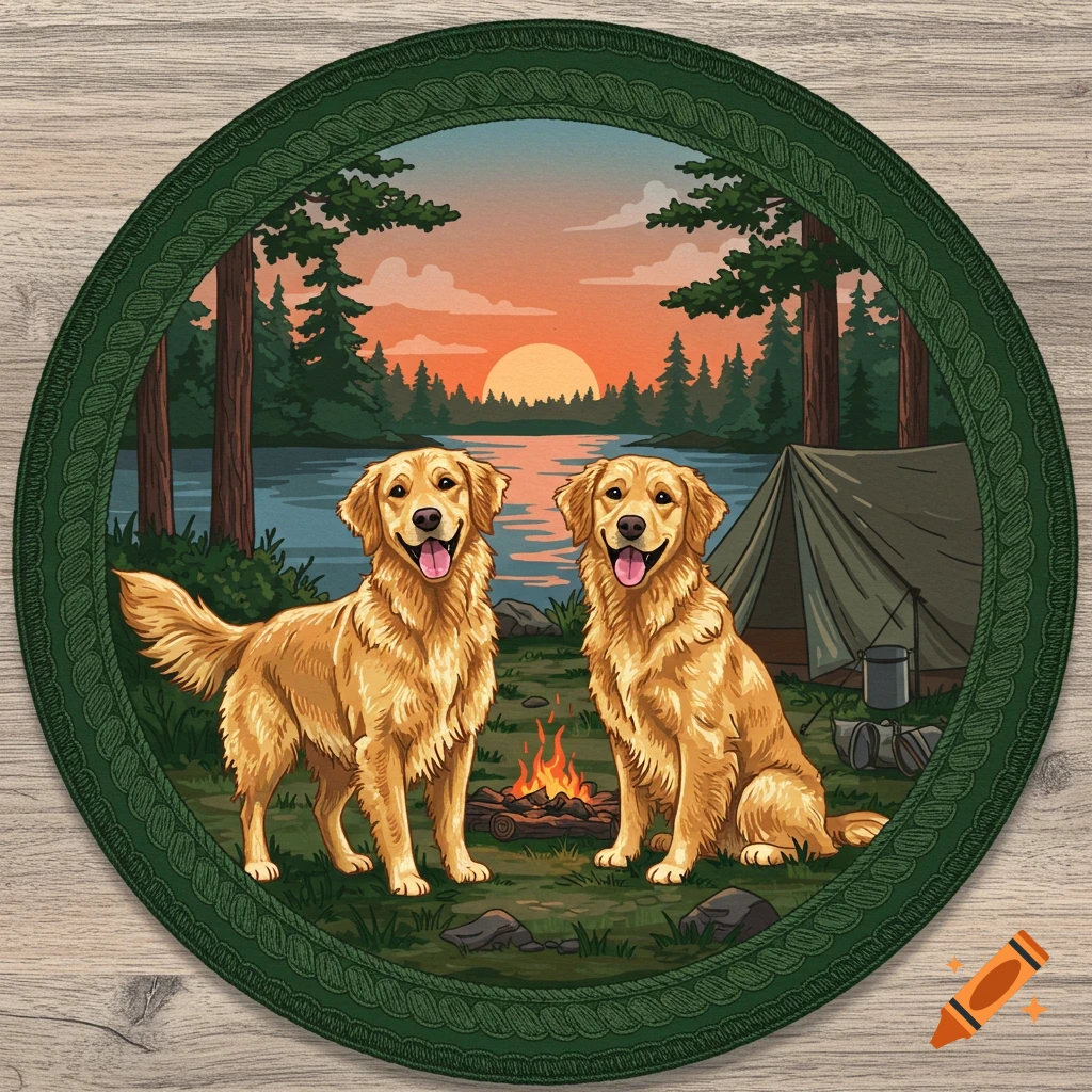 Two golden retrievers by a campfire and tent in a forest at sunset, within a green, decorative circular border, in a sewn patch style.