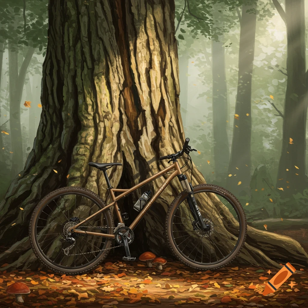 A brown mountain bike leans against a large ancient tree in a sunlit forest filled with fallen autumn leaves.