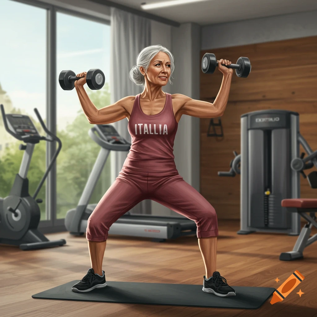 A senior woman with gray hair wearing a maroon tank top that says 'ITALIA' and capri pants, lifting dumbbells in a modern gym.