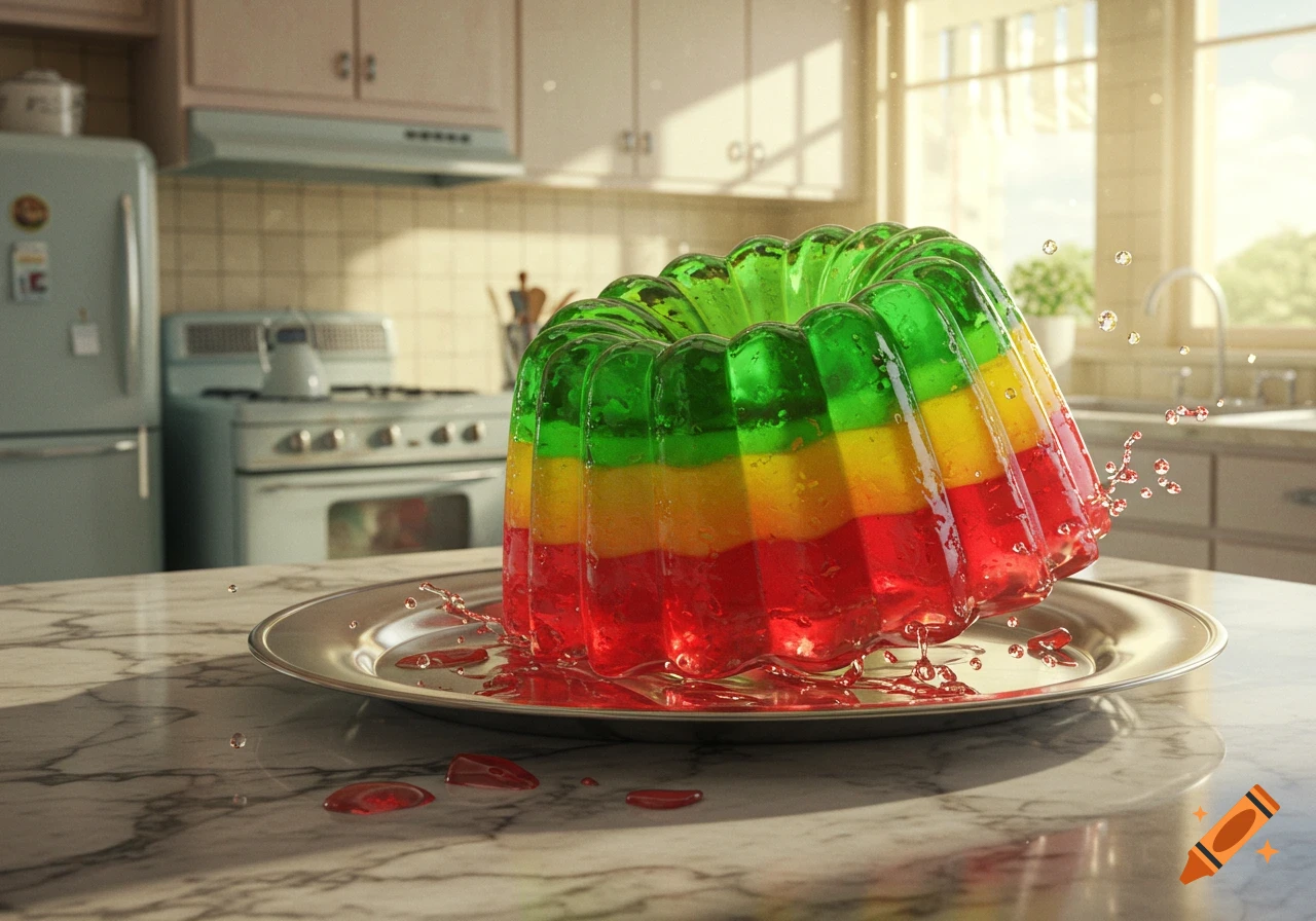 A wobbly, layered green, yellow, and red Jell-O mold spills onto a silver platter in a retro kitchen, photorealistic.
