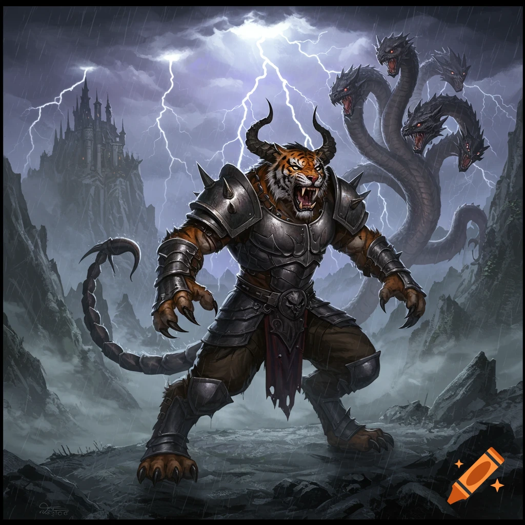 A ferocious horned were-tiger warrior with a scorpion tail battles a dark hydra in a misty valley below an ominous castle during a thunderstorm.