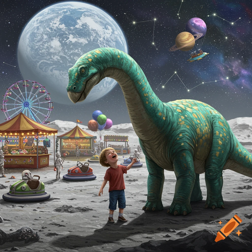 A boy looks up at a large dinosaur at a funfair on the moon, with a ferris wheel and planets in the starry sky.