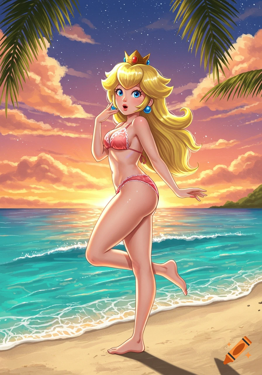 Princess Peach in a pink bikini poses on a sandy beach with ocean waves and palm trees at sunset in an anime style.