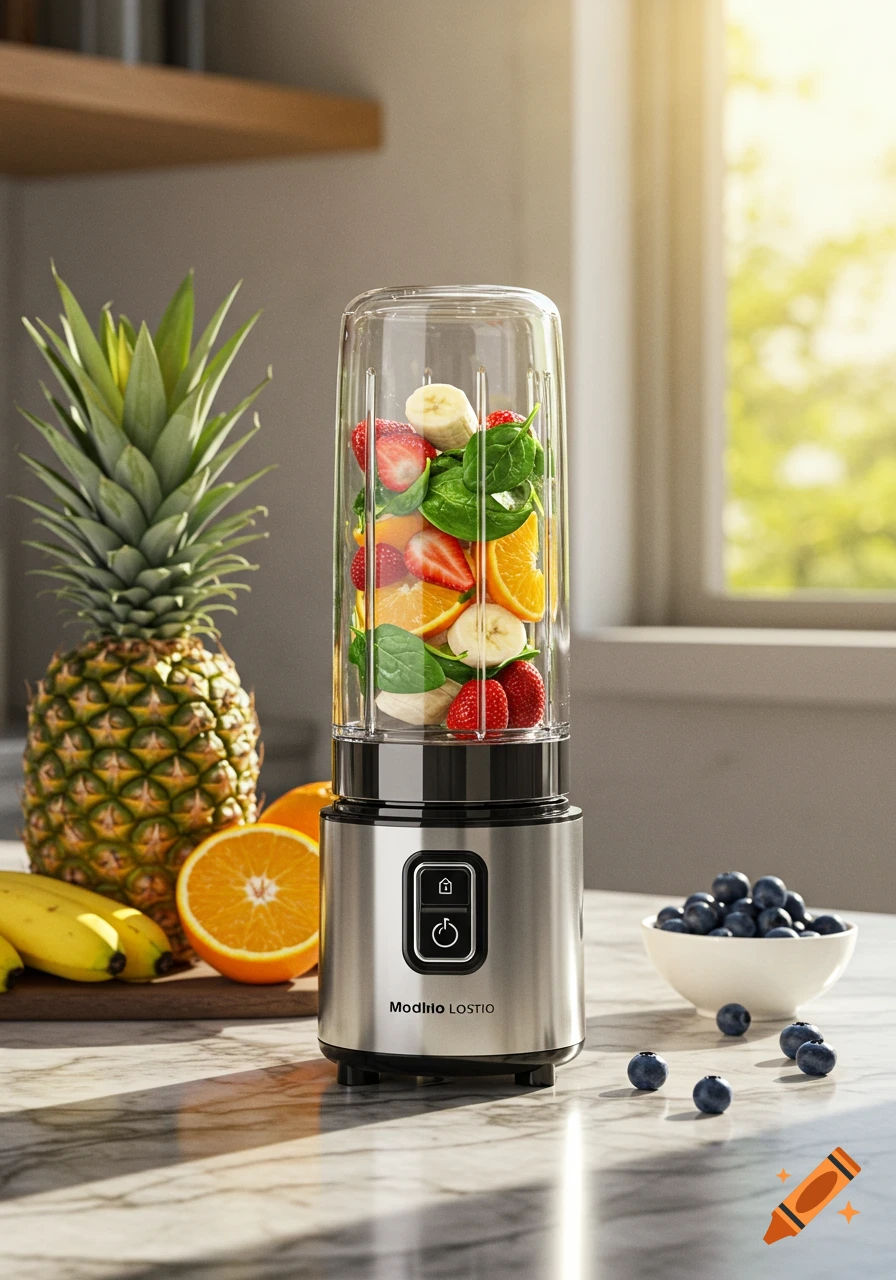 A photorealistic image of a portable blender filled with various fruits like strawberries, bananas, oranges, and spinach, on a kitchen counter. A pineapple, oranges, bananas, and a bowl of blueberries are nearby.