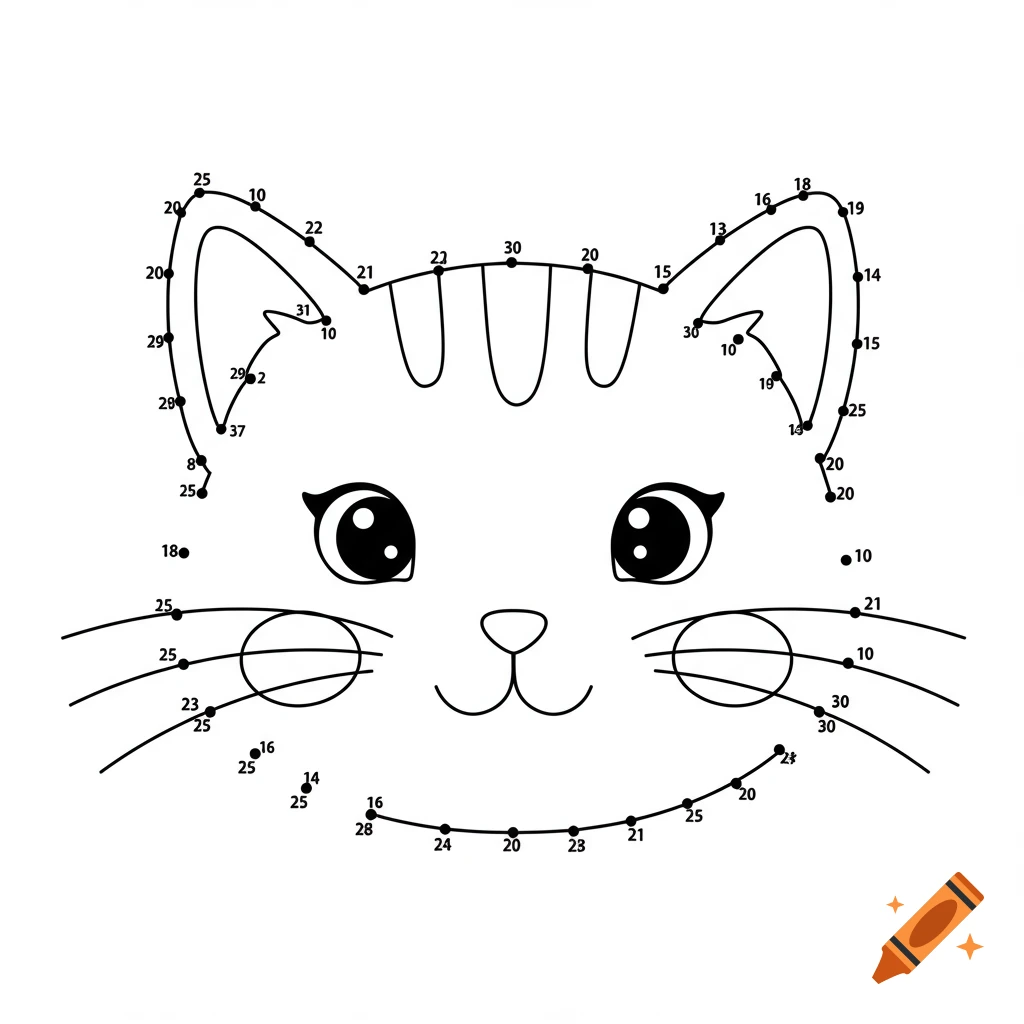 A black and white line art dot-to-dot puzzle of a cute cat face with numbers.