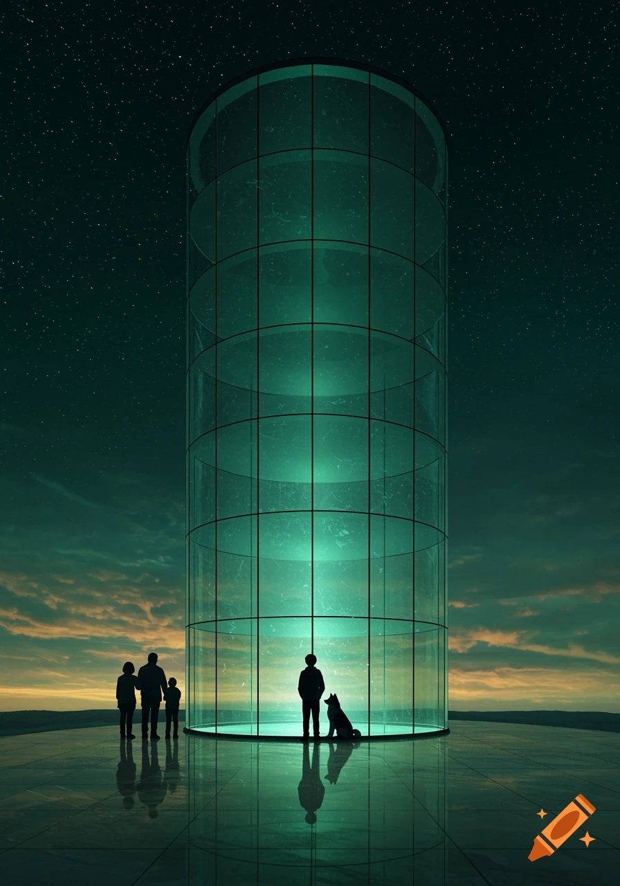 Silhouettes of a family stand outside a tall, glowing green glass cylinder under a starry night sky, while a man and a dog are visible inside.