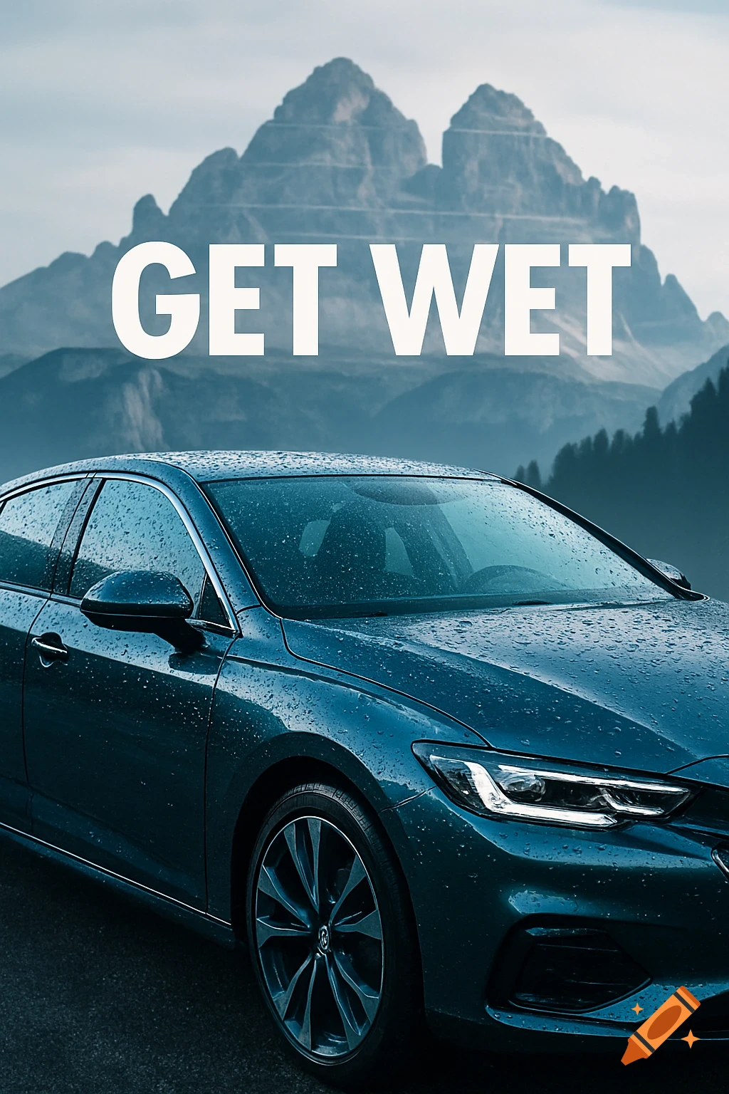 A dark blue car covered in water droplets with "GET WET" in large white text above it, set against a backdrop of rugged mountains.