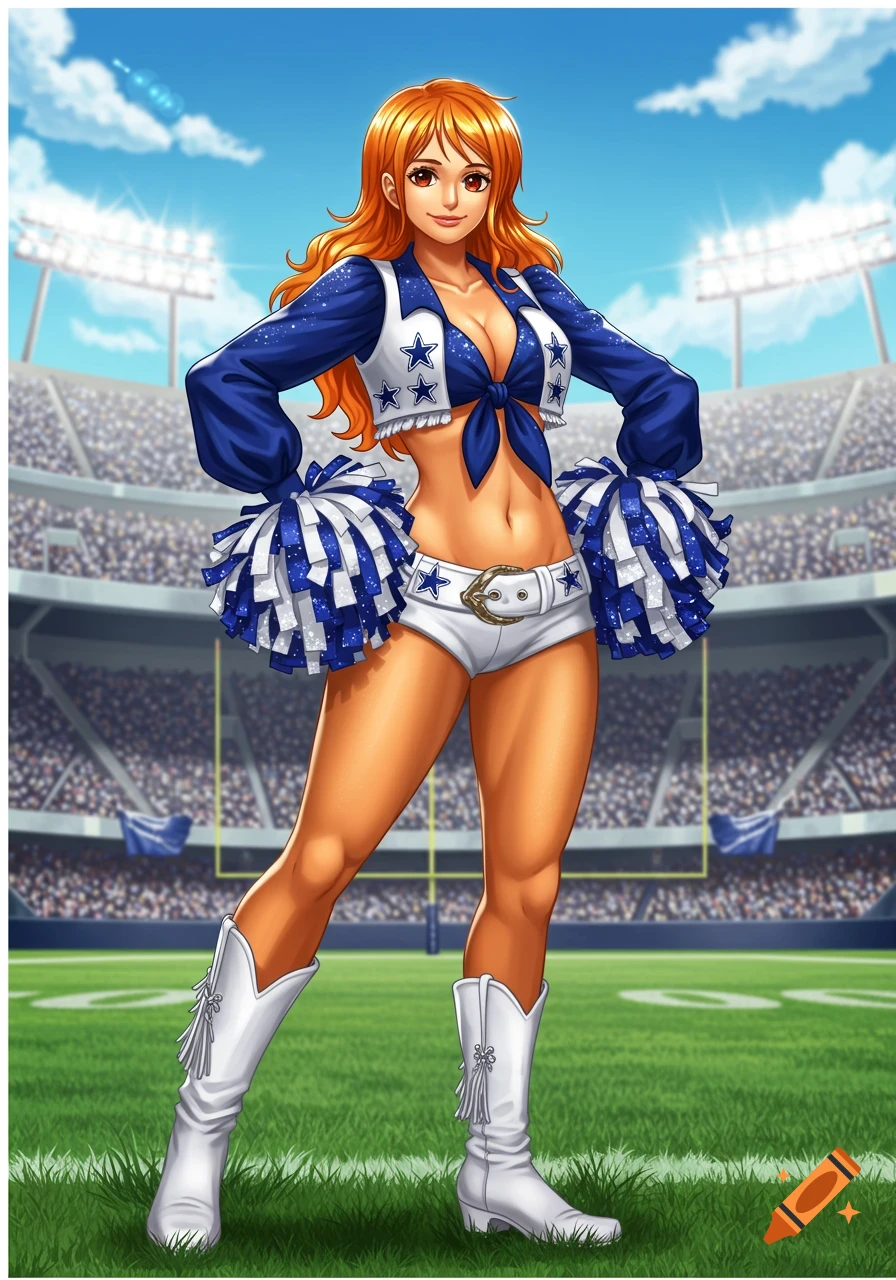 Anime character Nami in a Dallas Cowboys cheerleader uniform, holding pom-poms, on a football field in a stadium.
