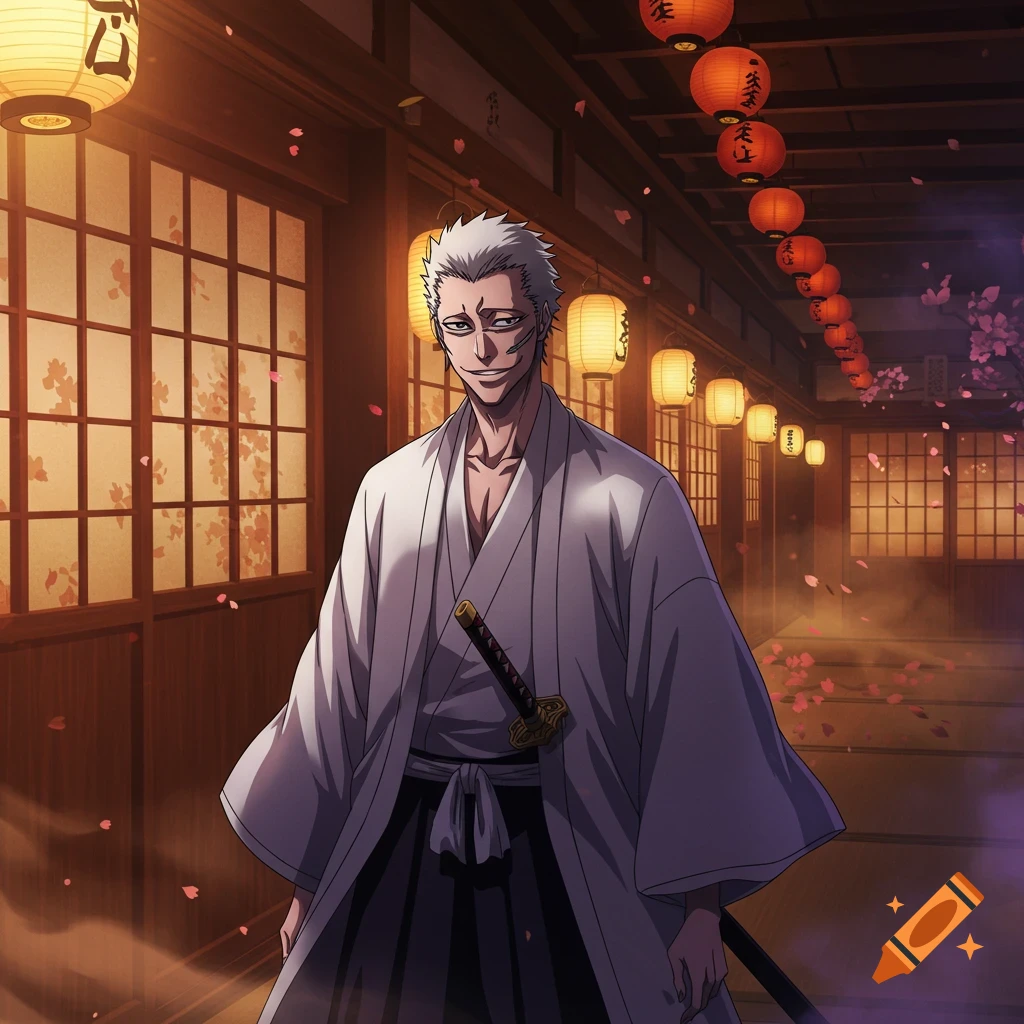 An anime character with white spiky hair, wearing a white kimono and black hakama, stands in a traditional Japanese hallway with lanterns and falling cherry blossoms.