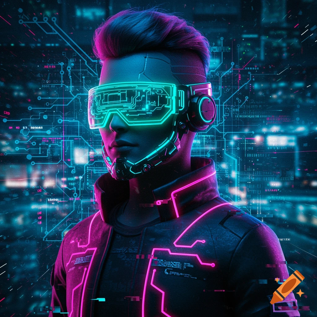 A close-up of a person with glowing neon blue and pink VR goggles and outfit in a dark, futuristic cyberpunk setting with circuits.