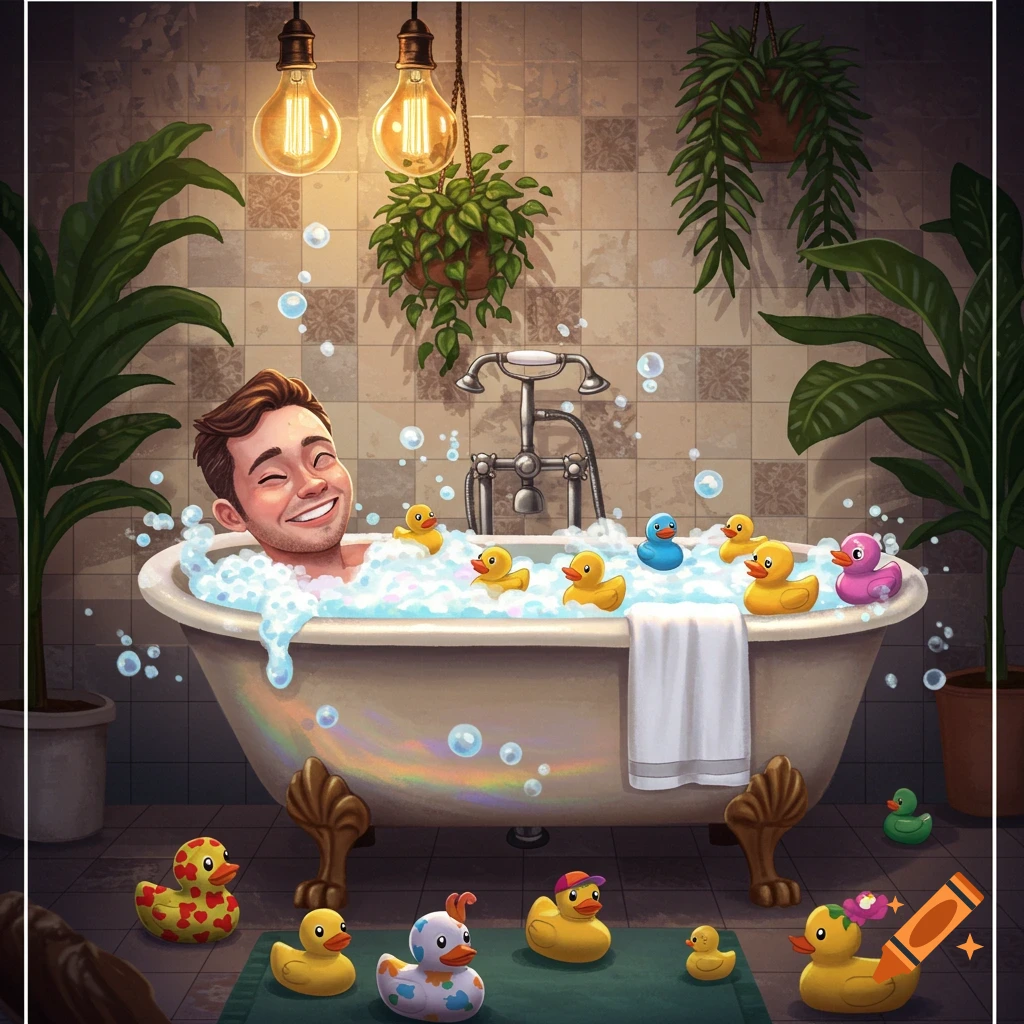 An illustration of a smiling man enjoying a bubble bath surrounded by rubber ducks in a cozy bathroom with plants and hanging lights.