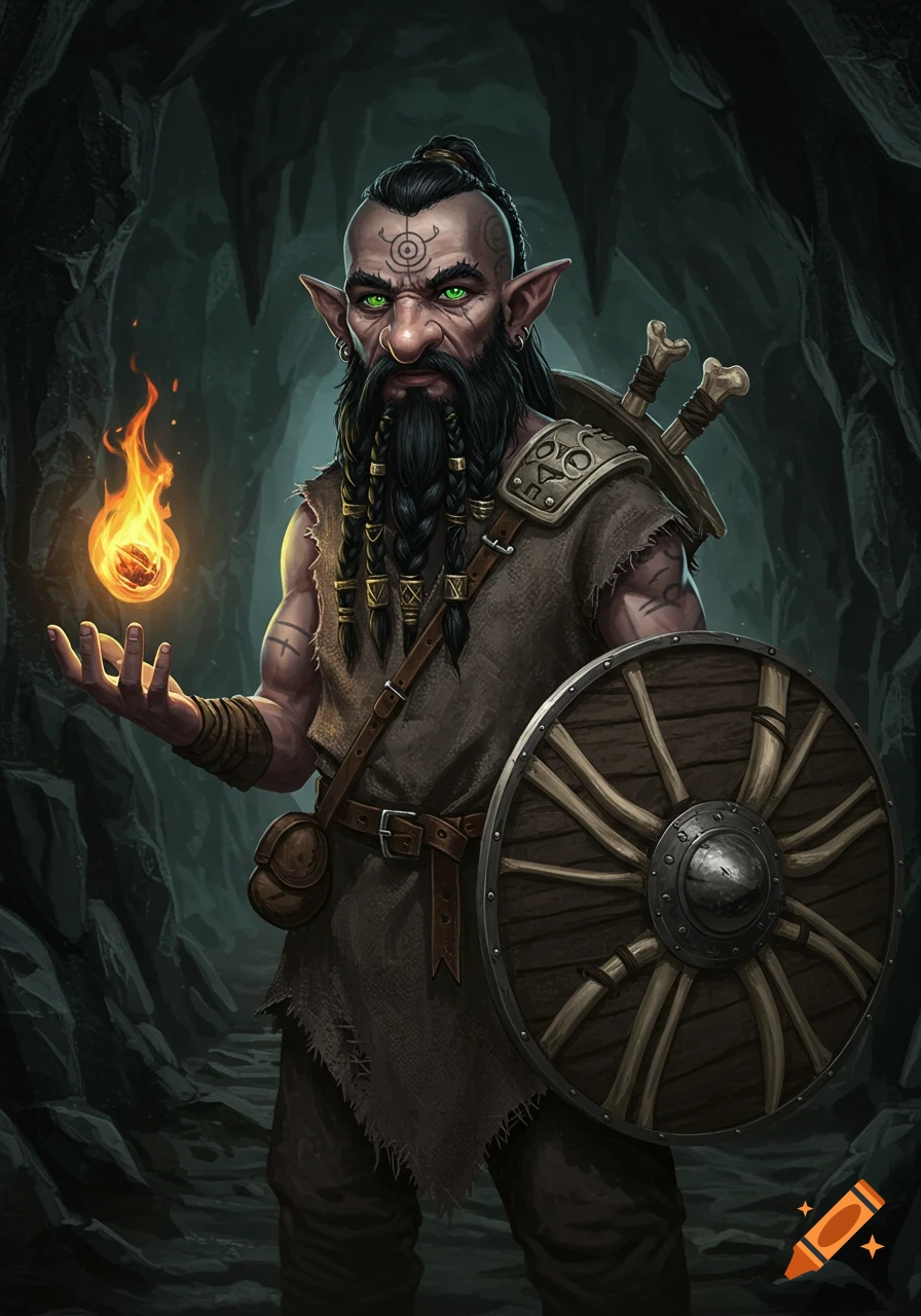 A photorealistic deep gnome with a braided beard, green eyes, and a head tattoo holds a magical flame and a carved wooden shield in a dim cave.