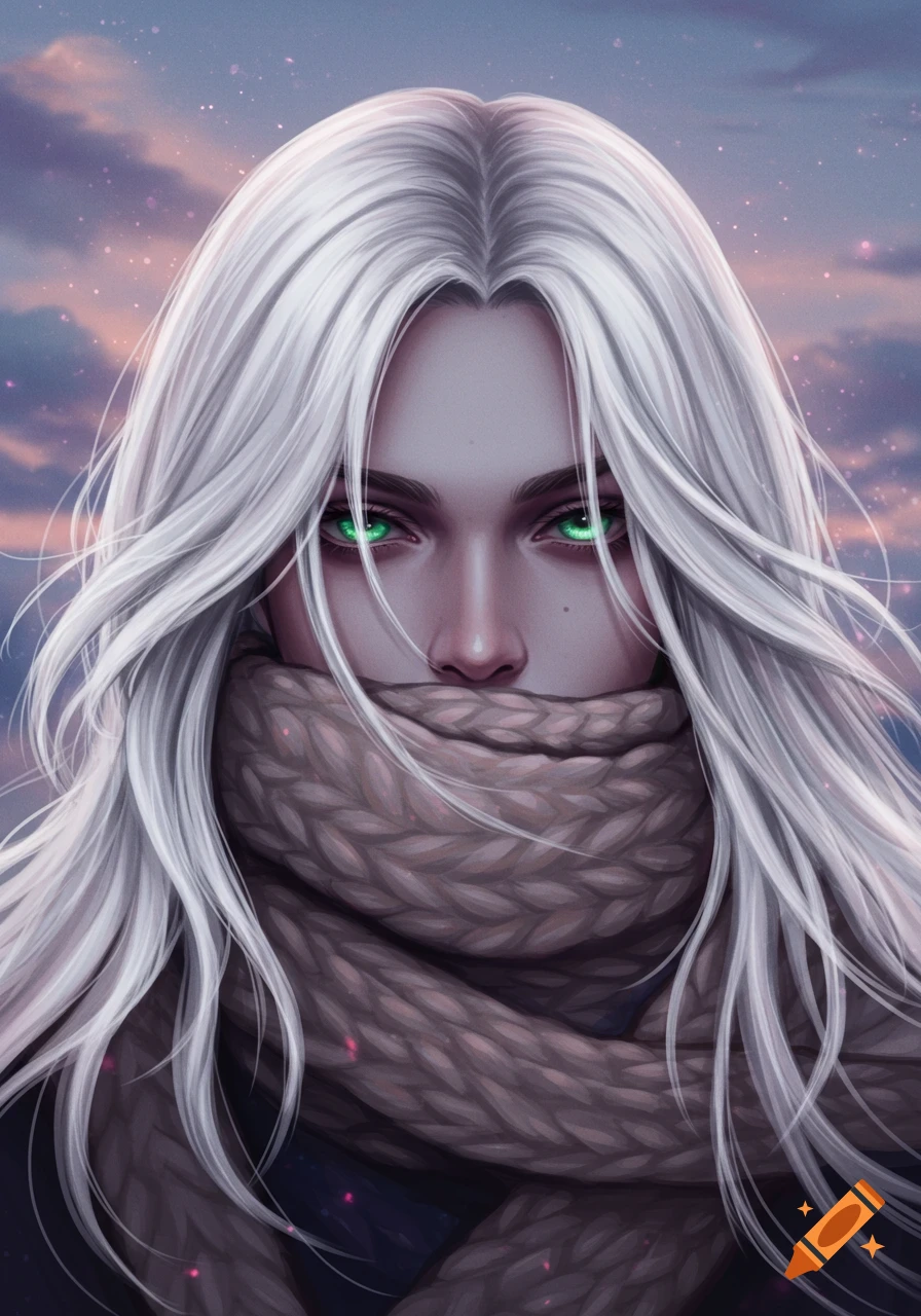Close-up portrait of an androgynous person with long white hair, striking green eyes, and a beige knitted scarf covering their mouth, against a twilight sky.