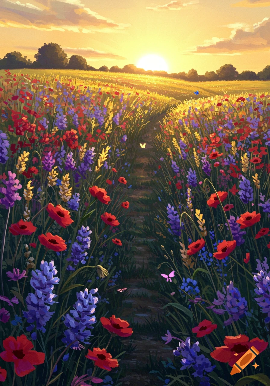A vibrant field of red, purple, and yellow wildflowers at sunset, with a path winding through the center. Painterly style.