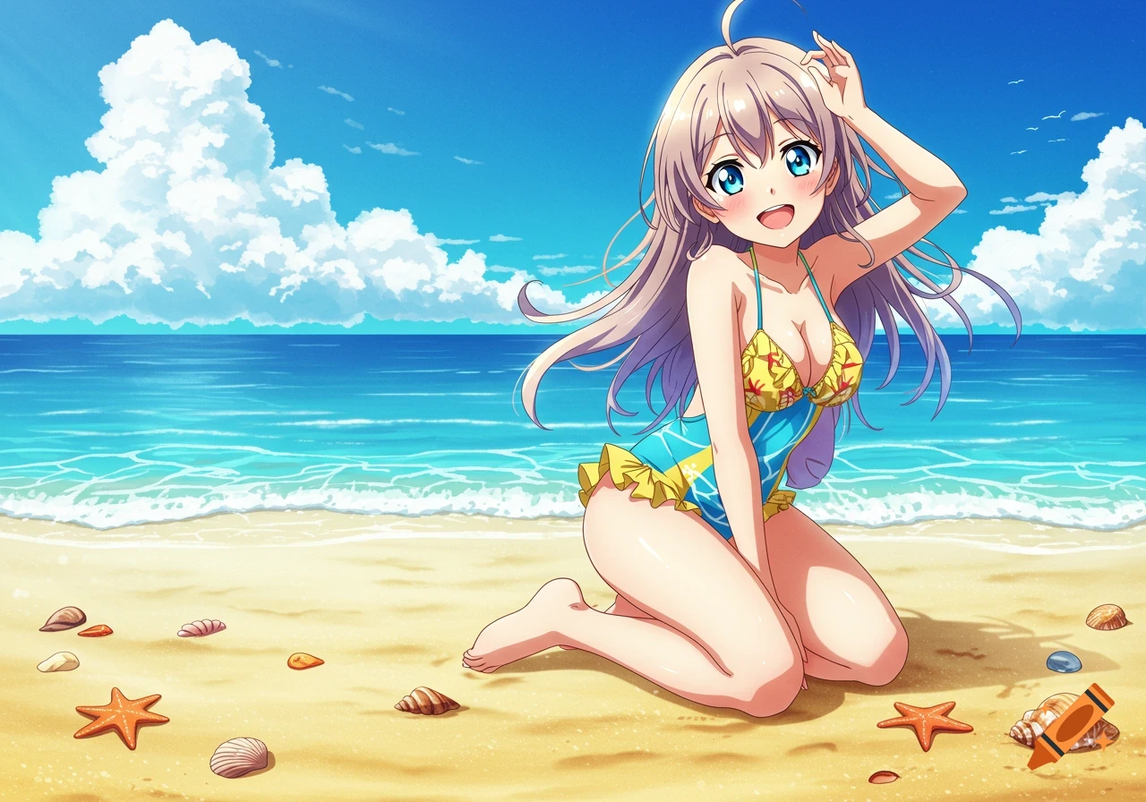 Anime girl in a blue and yellow swimsuit kneeling on a sandy beach with seashells, under a bright blue sky.