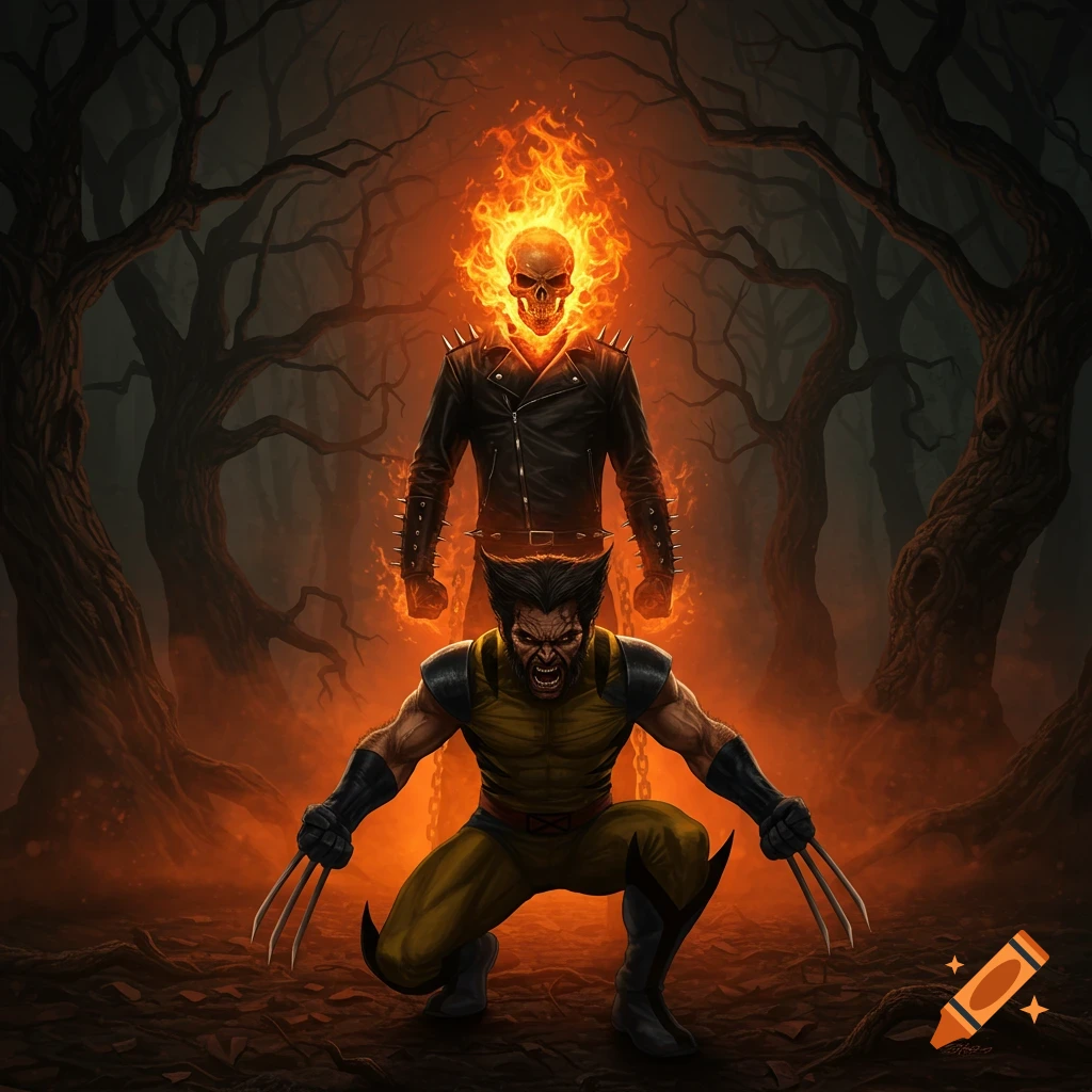 Comic art of Ghost Rider with a flaming skull behind a snarling Wolverine with claws extended, in a dark, fiery forest.