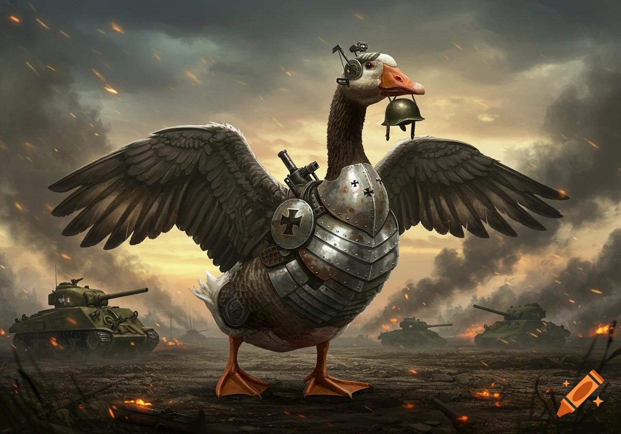 A goose in military armor and helmet stands on a WWII battlefield with tanks, explosions, and smoke.