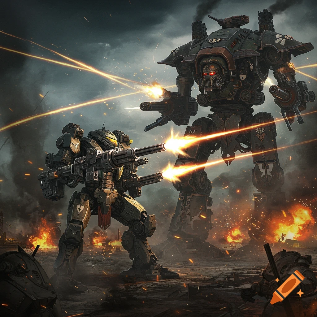 Two large armored mechs engage in a fiery battle, firing weapons amidst smoke and explosions on a desolate field.