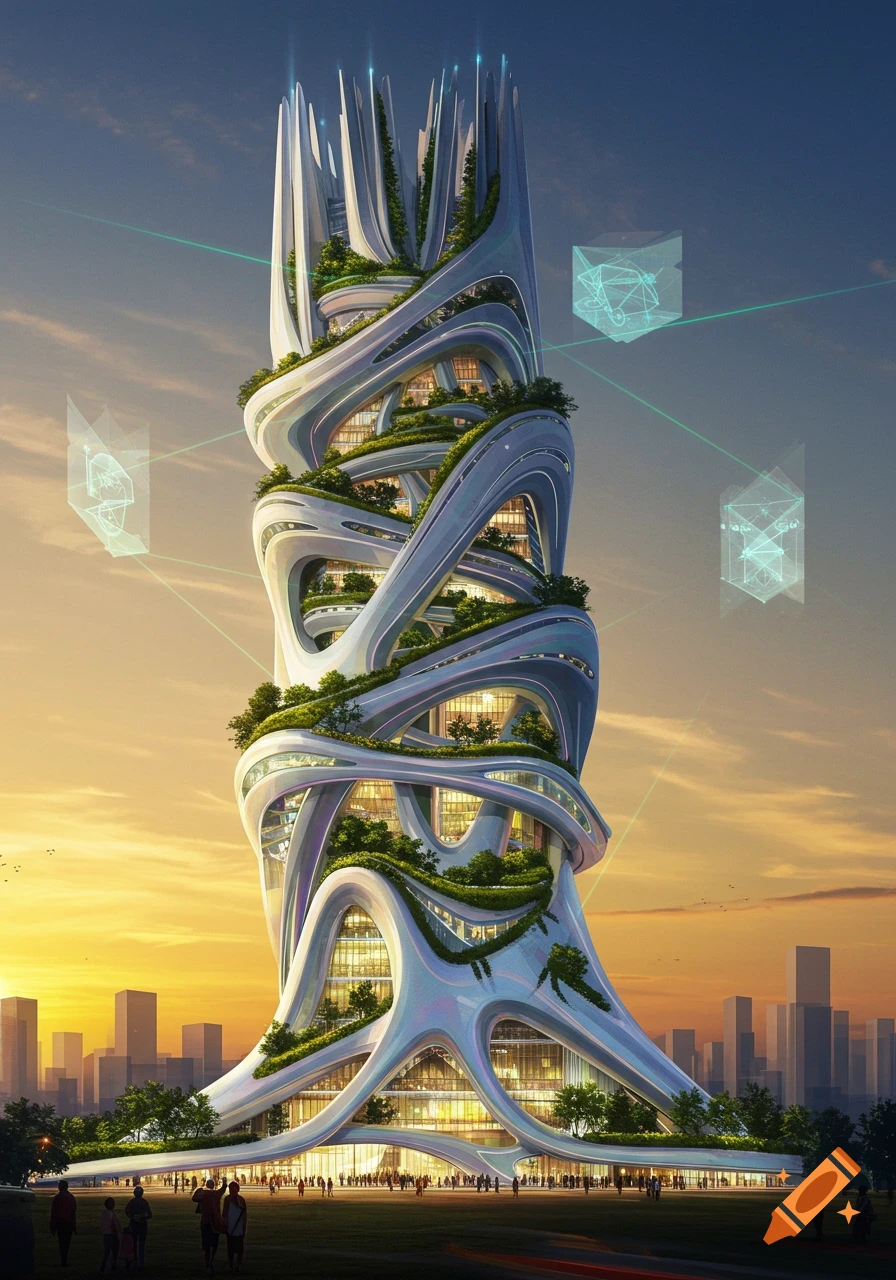 A photorealistic futuristic skyscraper with organic white lines and green foliage against a vibrant sunset sky.