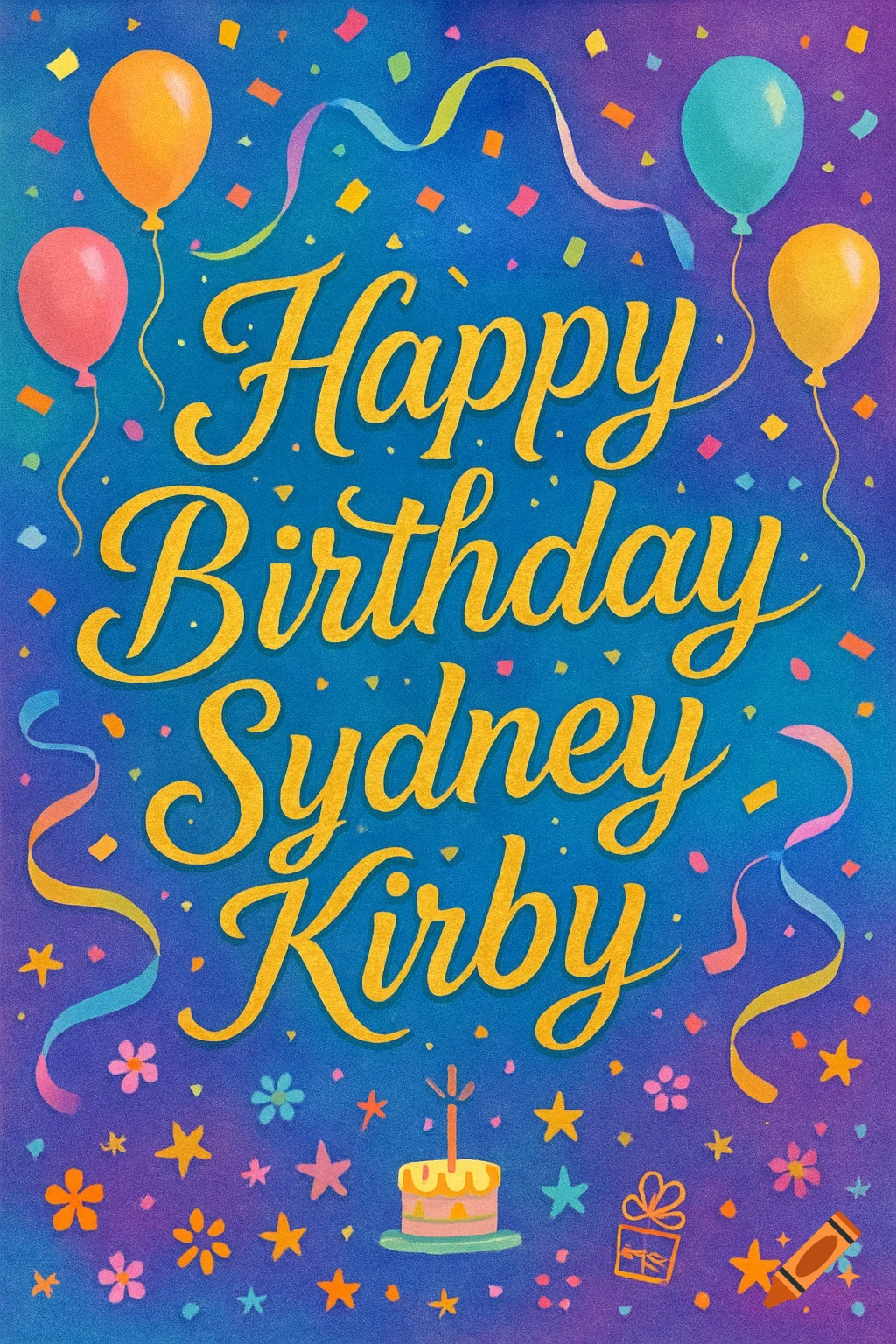 A vibrant blue birthday card with yellow script text "Happy Birthday Sydney Kirby," balloons, confetti, ribbons, and small illustrations of a cake, stars, and flowers.