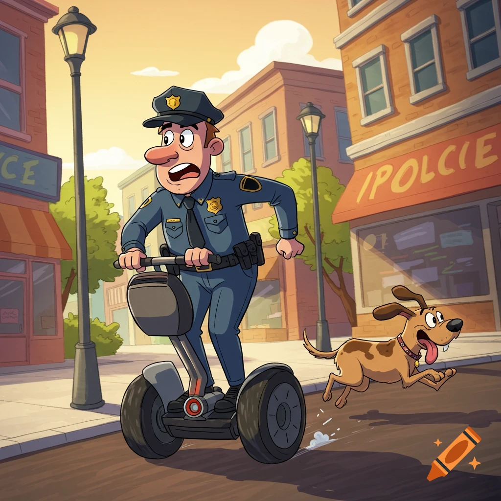 A cartoon police officer on a Segway chases a brown dog through a city street.