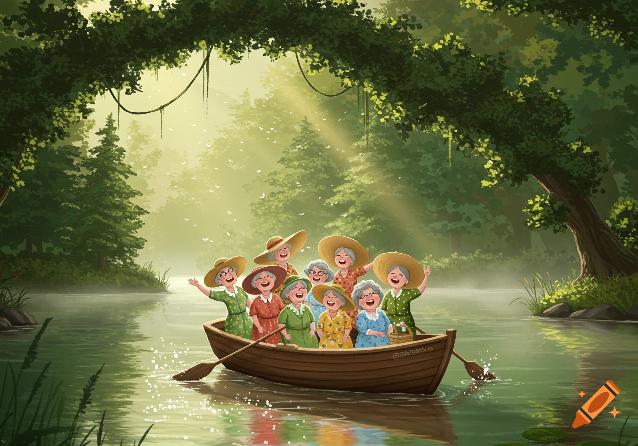 A group of smiling old ladies in sun hats happily paddle a wooden boat on a serene river, surrounded by lush green trees and sunbeams.