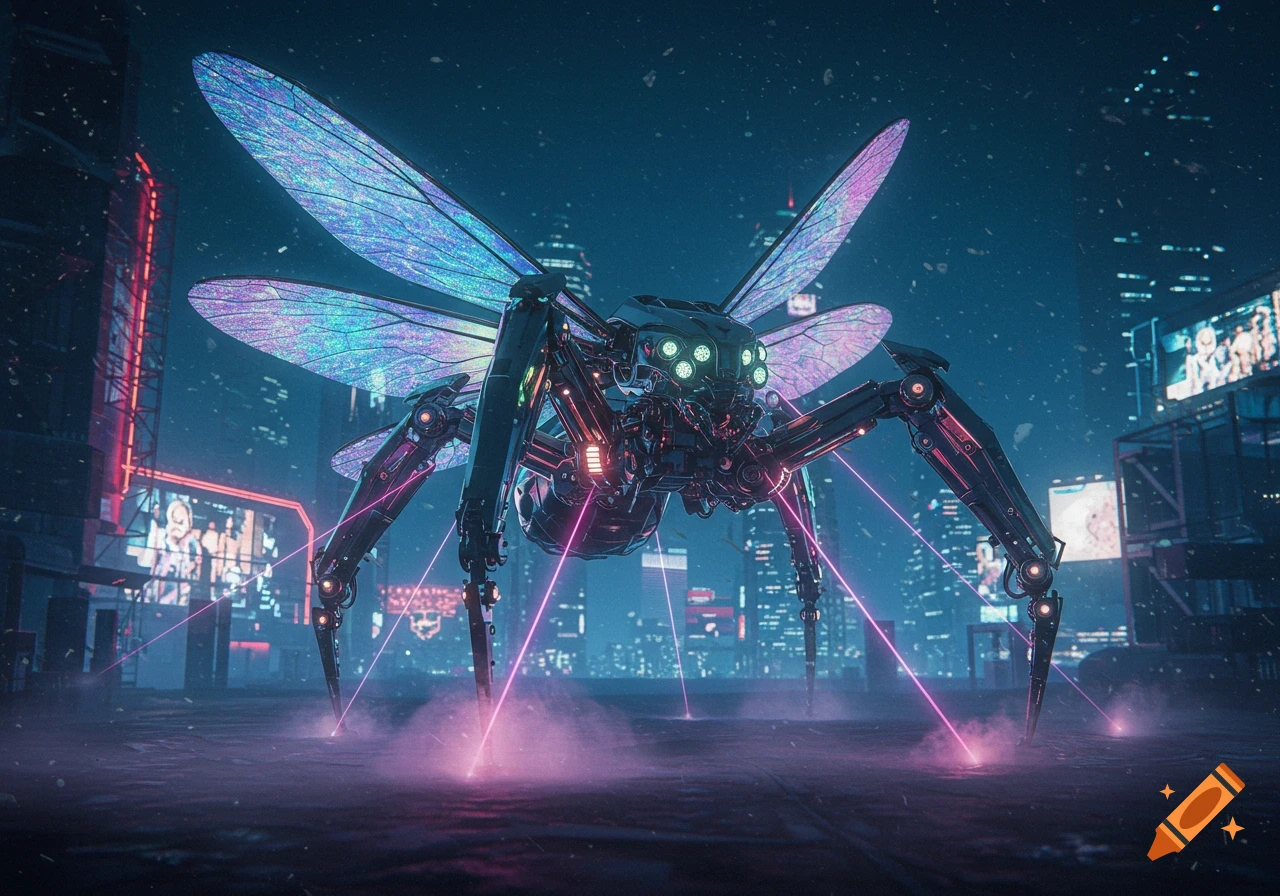 A large robotic spider with glowing, iridescent wings stands in a neon-lit cyberpunk city, emitting purple laser beams.