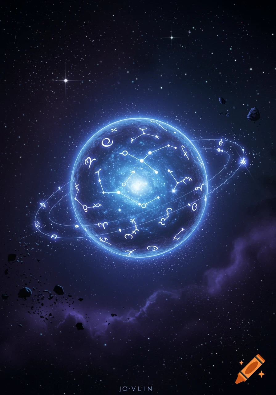 A glowing blue mystical orb adorned with constellation symbols, floating amidst stars, asteroids, and purple nebulae in deep space.