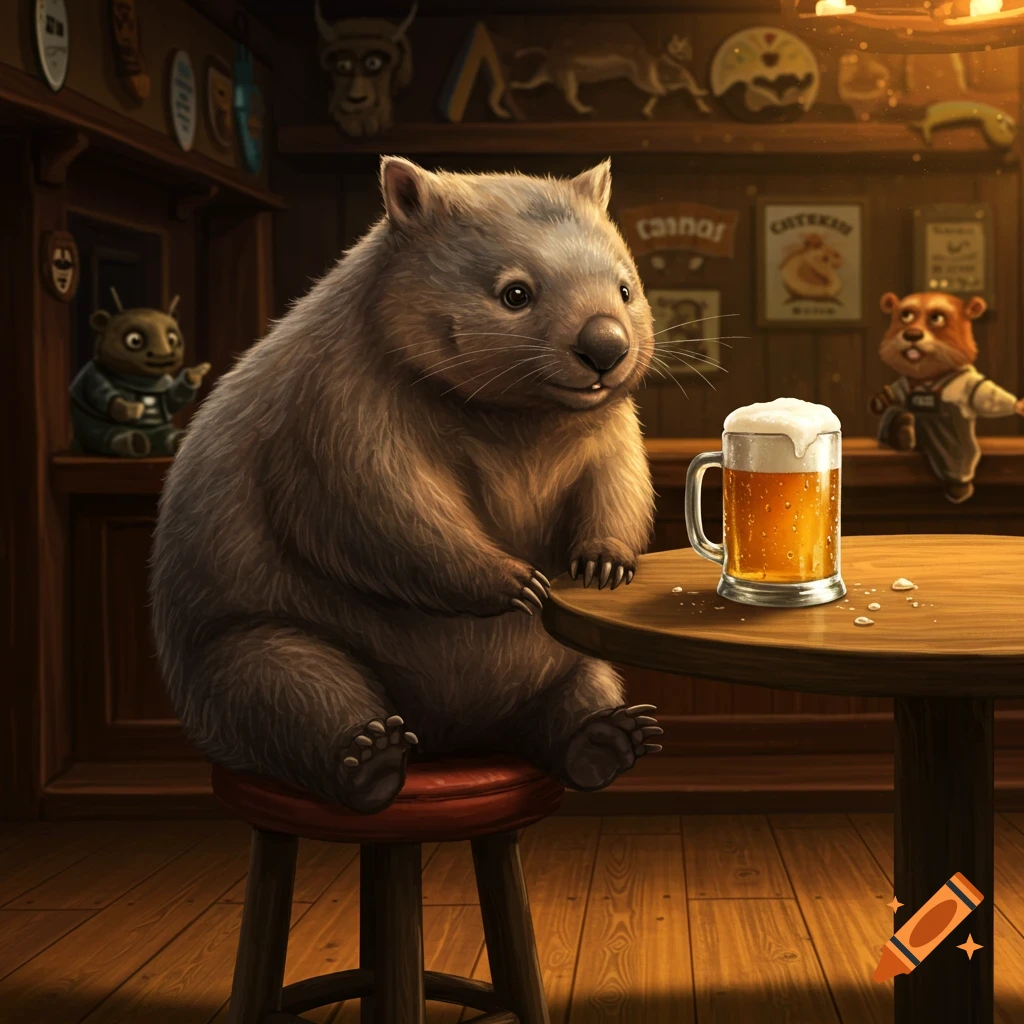 A wombat sits on a stool at a pub table, looking at a mug of frothy beer. Other cartoon creatures are in the background.