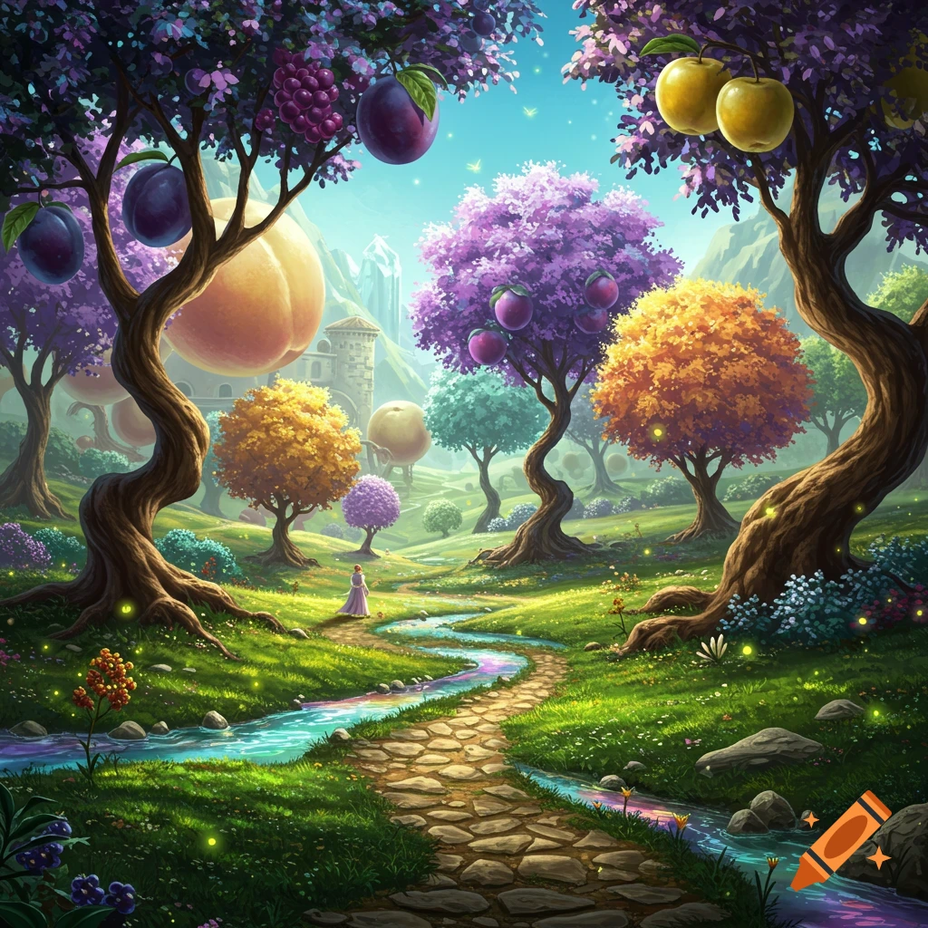 Vibrant fantasy landscape with colorful trees bearing oversized fruits, a winding stone path, a shimmering stream, and a small figure.