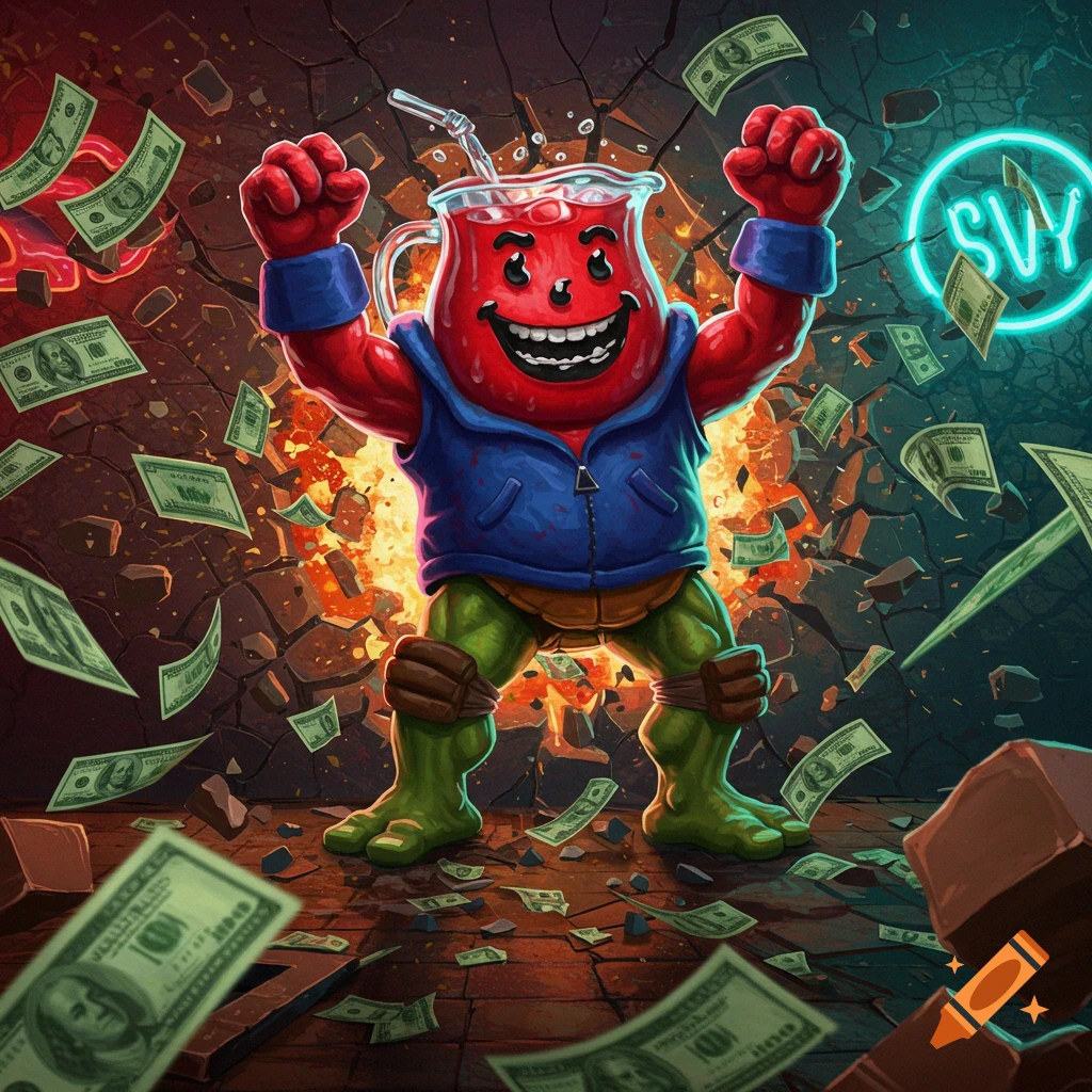 A muscular, red Kool-Aid man with green ninja turtle legs bursts through a cracked wall as dollar bills fly around him, glowing with an orange light.