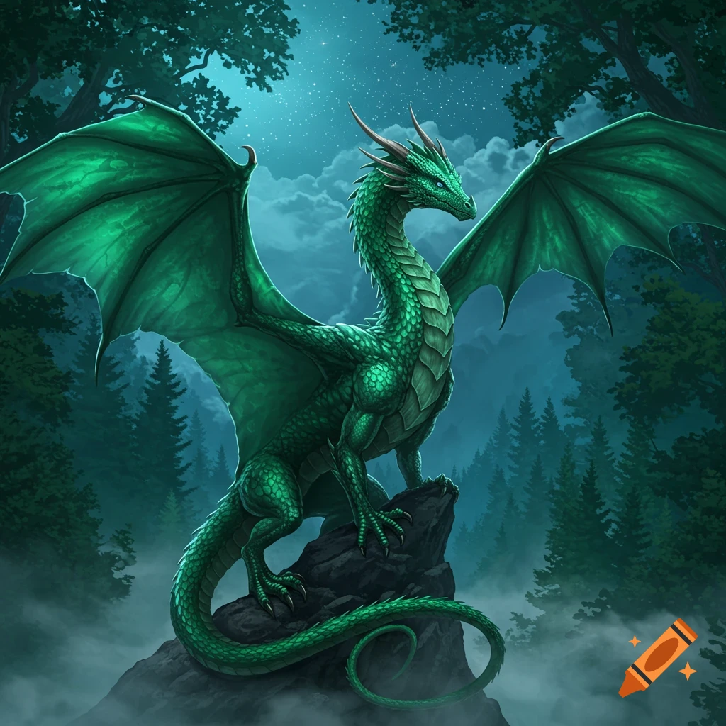 A majestic green dragon with large wings perched on a rock in a mystical forest at night, illuminated by moonlight.
