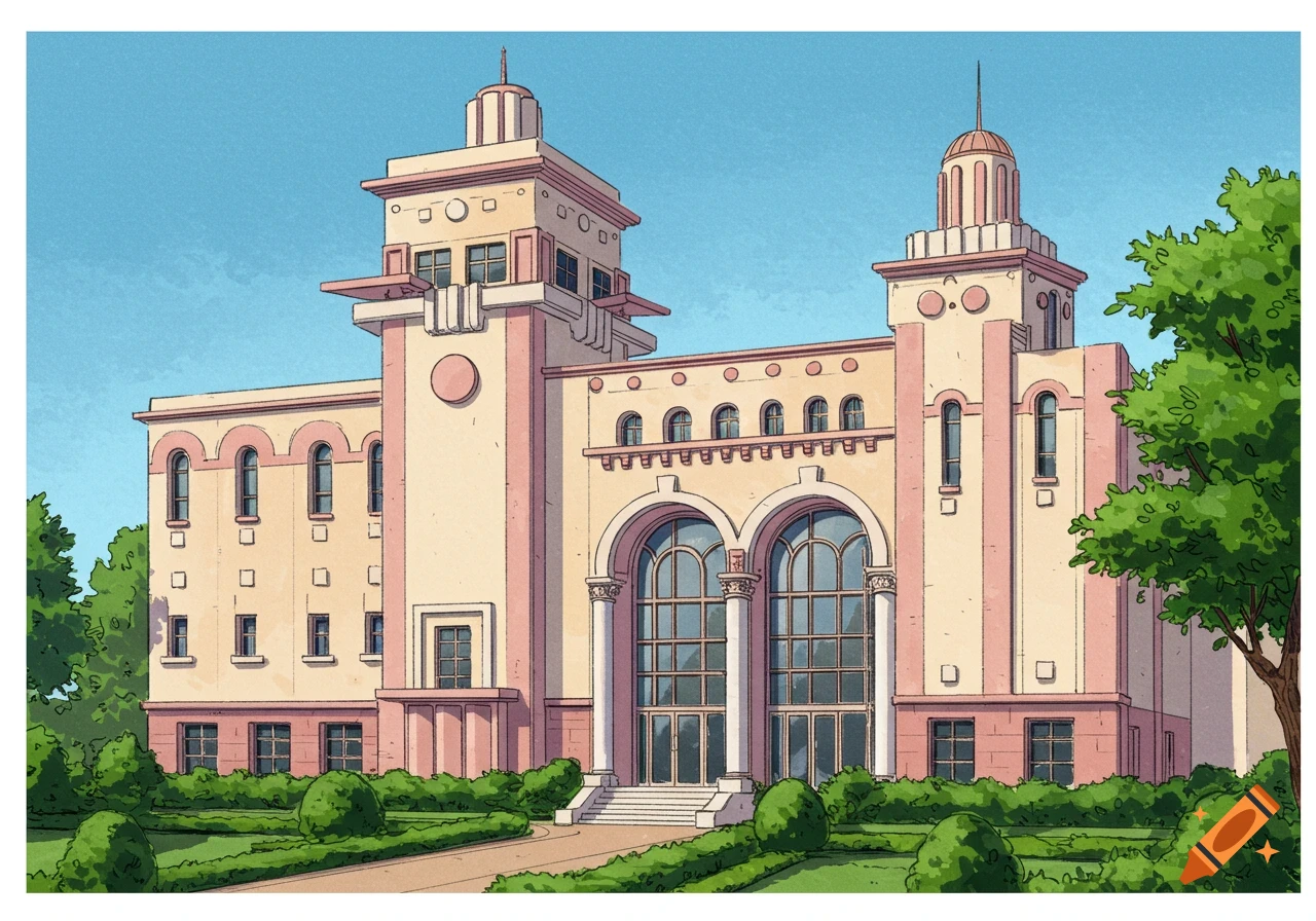Illustration of a cream and pink postmodern building with twin towers, large arched windows, and a green landscaped garden under a blue sky.