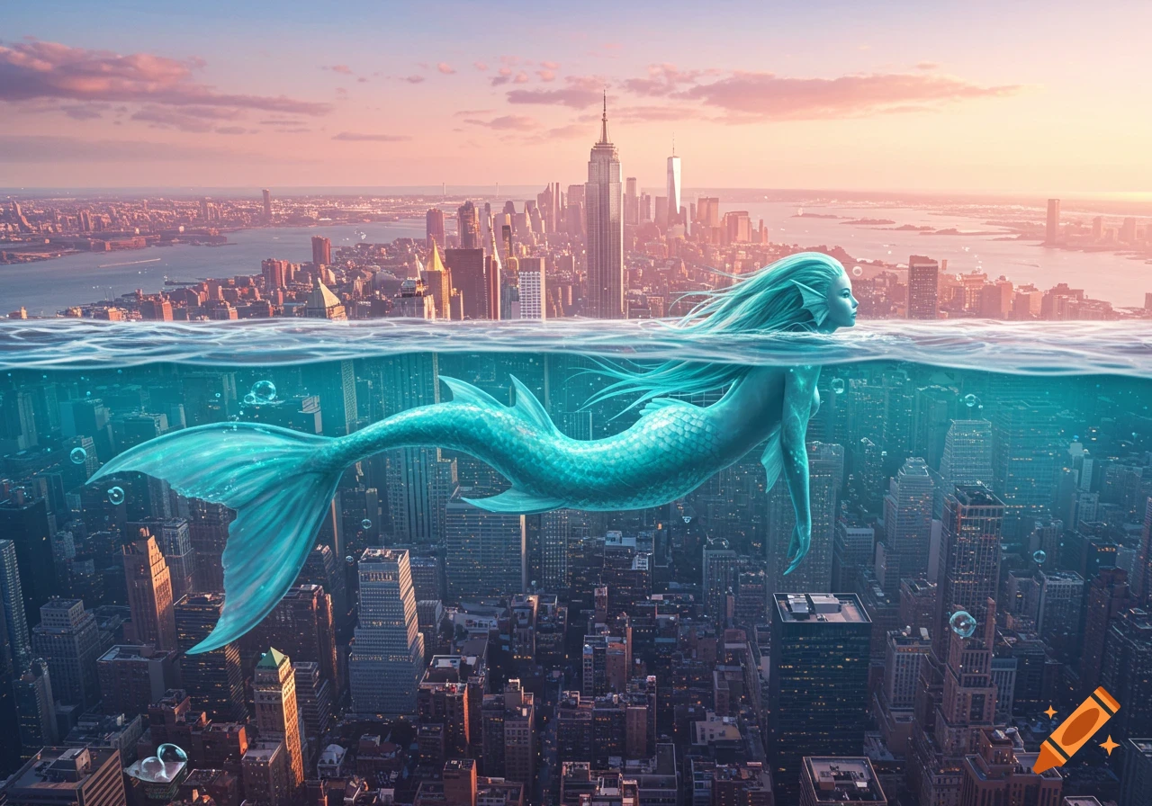 A teal-skinned mermaid swims in crystal clear water above the skyscrapers of Manhattan, looking down at the city at dawn.