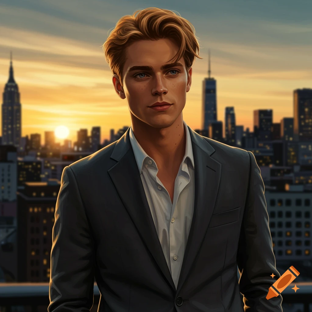 A man with blond hair and blue eyes in a suit stands on a rooftop overlooking a city skyline at sunset.