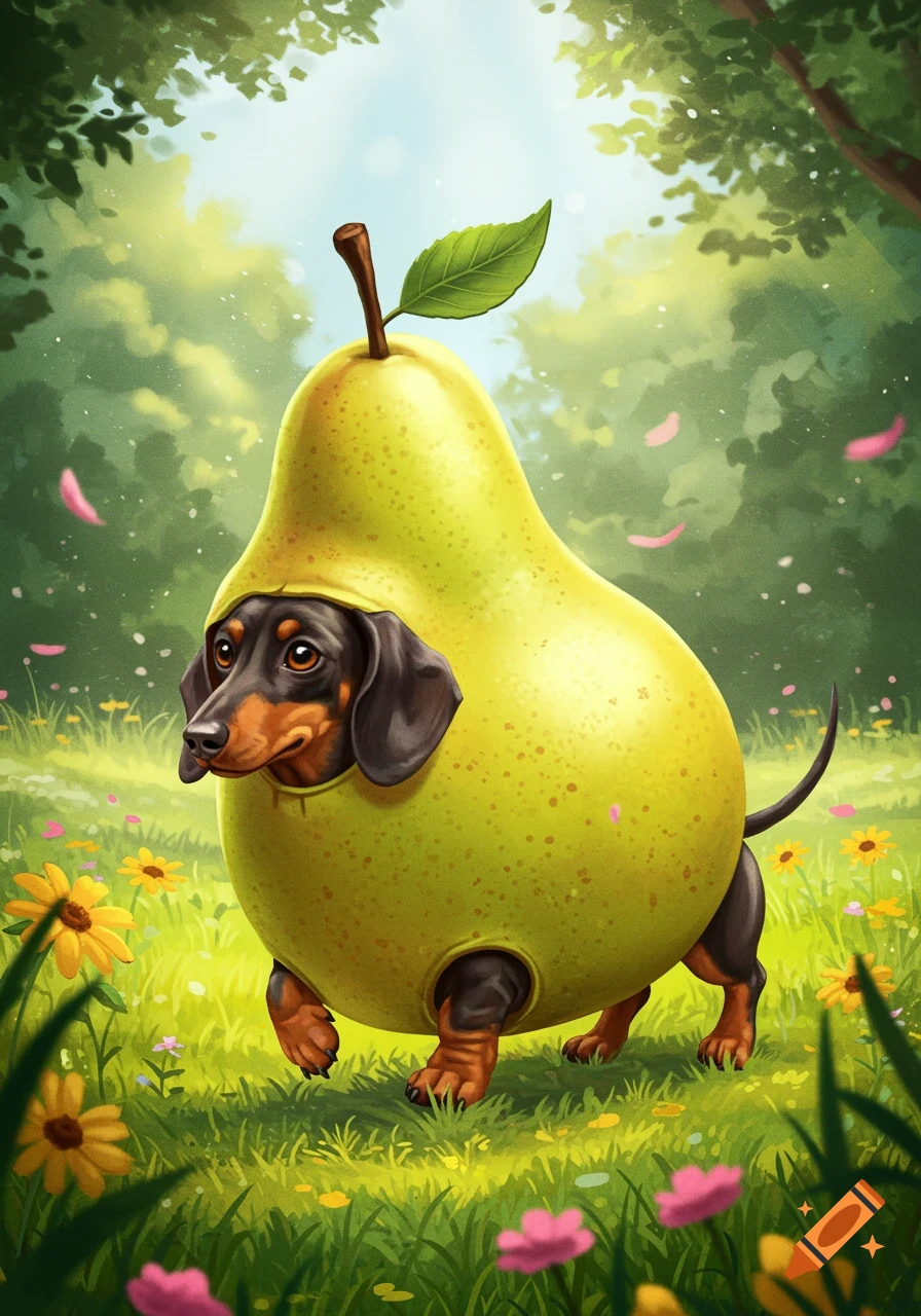A dachshund in a green pear costume walks in a bright, grassy field with flowers.