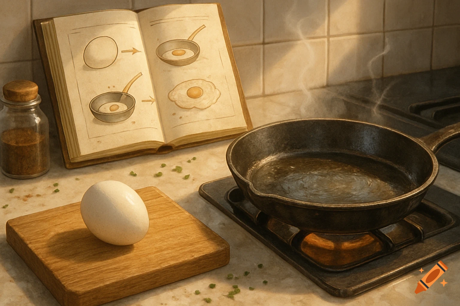 A close-up, warm-toned still life shows a white egg on a wooden cutting board next to a steaming cast iron skillet on a stovetop, with an open cookbook displaying egg-frying diagrams in the background.