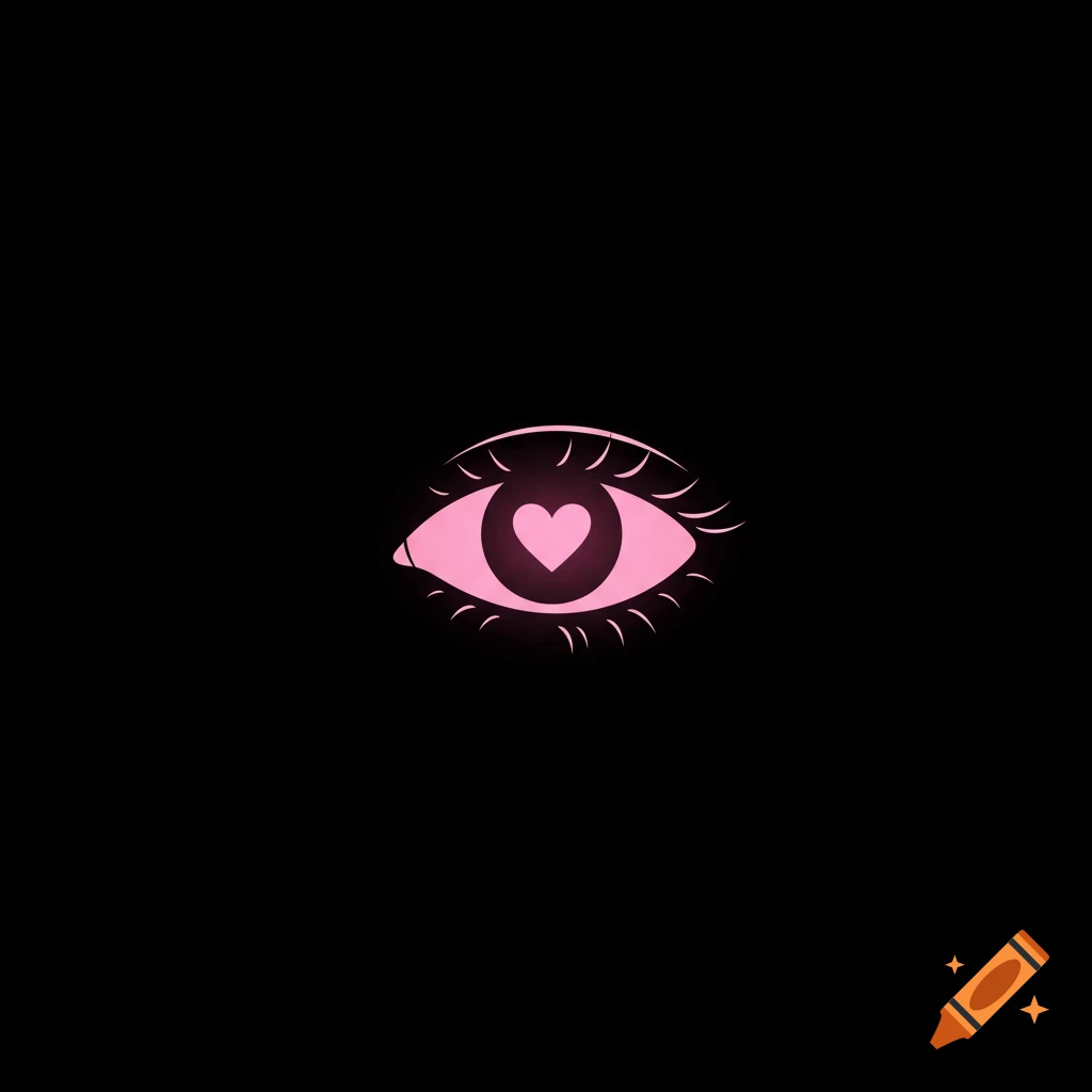 A stylized pink eye with a heart-shaped pupil glows against a black background.