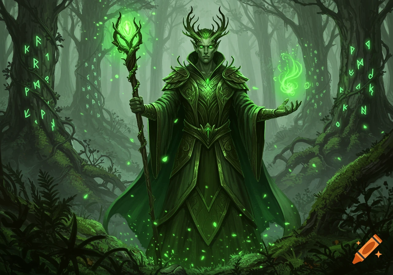 A male forest spirit with antlers and green skin, dressed in green robes, holds a glowing staff and conjures magic in a mystical forest with glowing runes on trees.