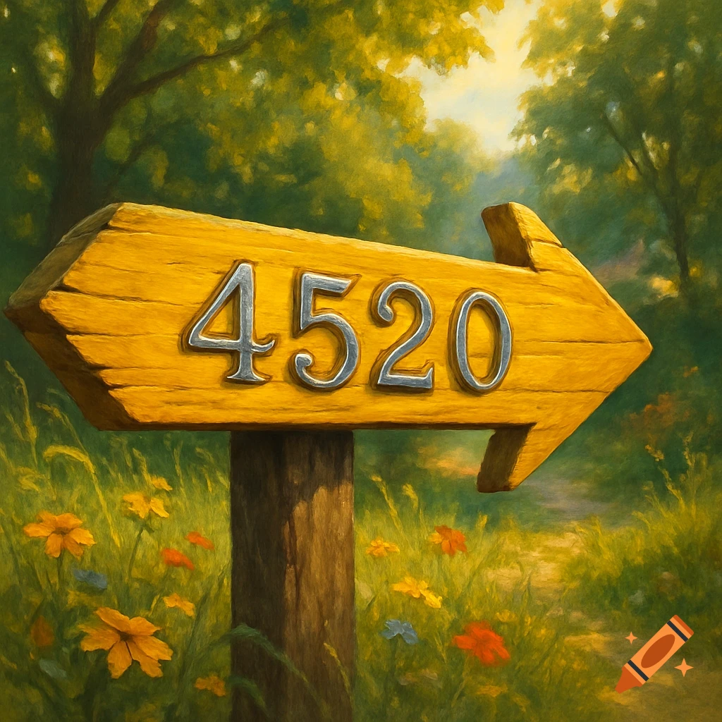 A yellow wooden arrow sign with silver numbers 4520 points right on a post in a lush, green forest with wildflowers.