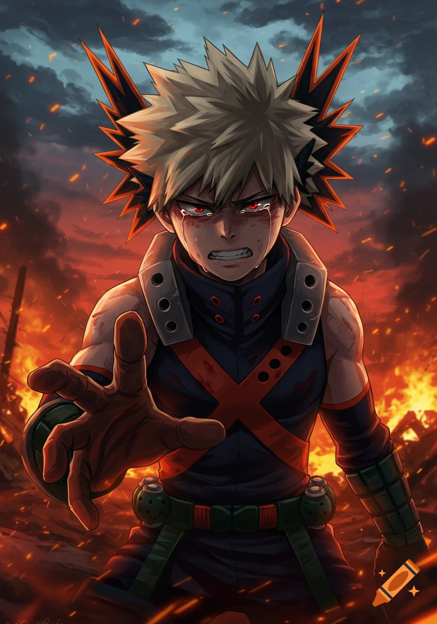 An anime character, Bakugo, with spiky blond hair, crying with red eyes and reaching out, against a fiery, destructive background.