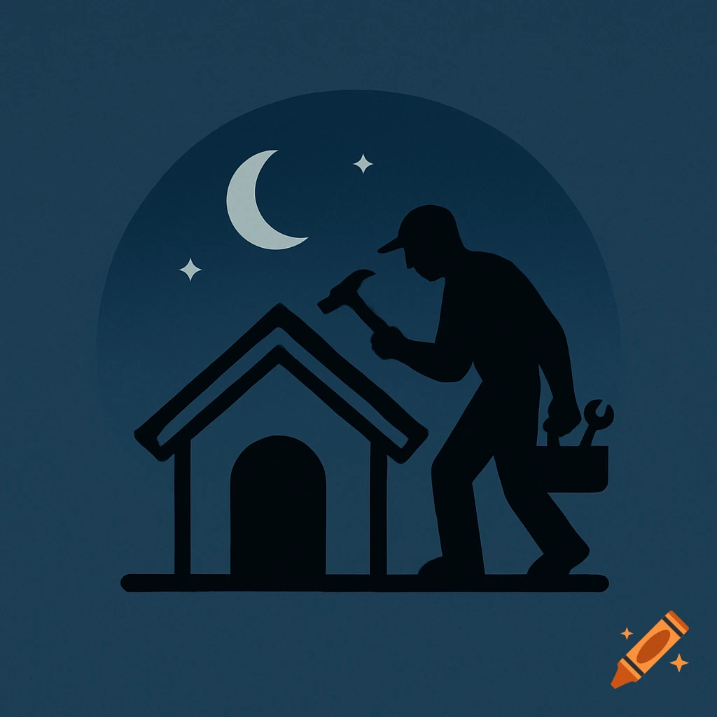 A silhouette logo shows a handyman working on a doghouse under a crescent moon and stars at night.