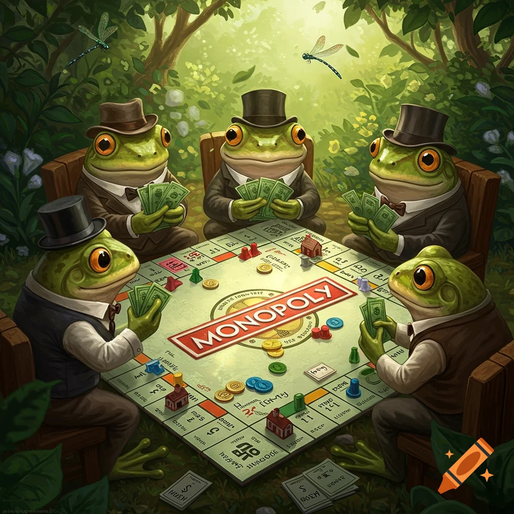 Five anthropomorphic frogs in suits and top hats playing Monopoly on a large game board in a lush forest setting.