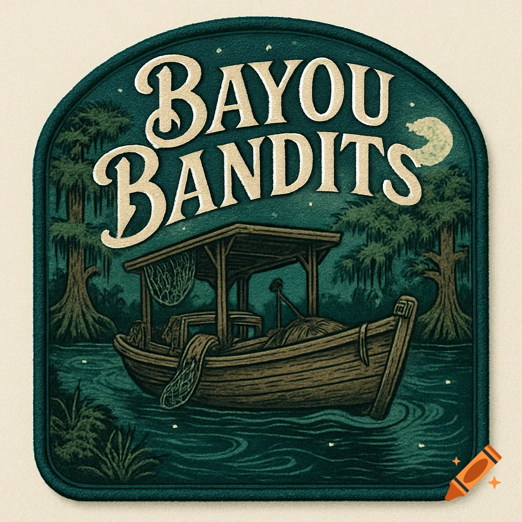 A vintage-style hat patch featuring a boat with fishing nets in a bayou, under a moonlit sky, with text 'BAYOU BANDITS'.