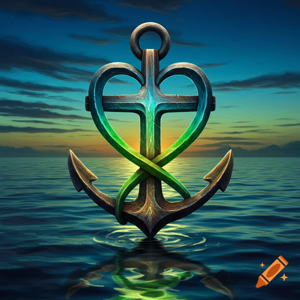 A vibrant anchor with a blue and green heart-shaped cross around its top, floating in water at sunset.
